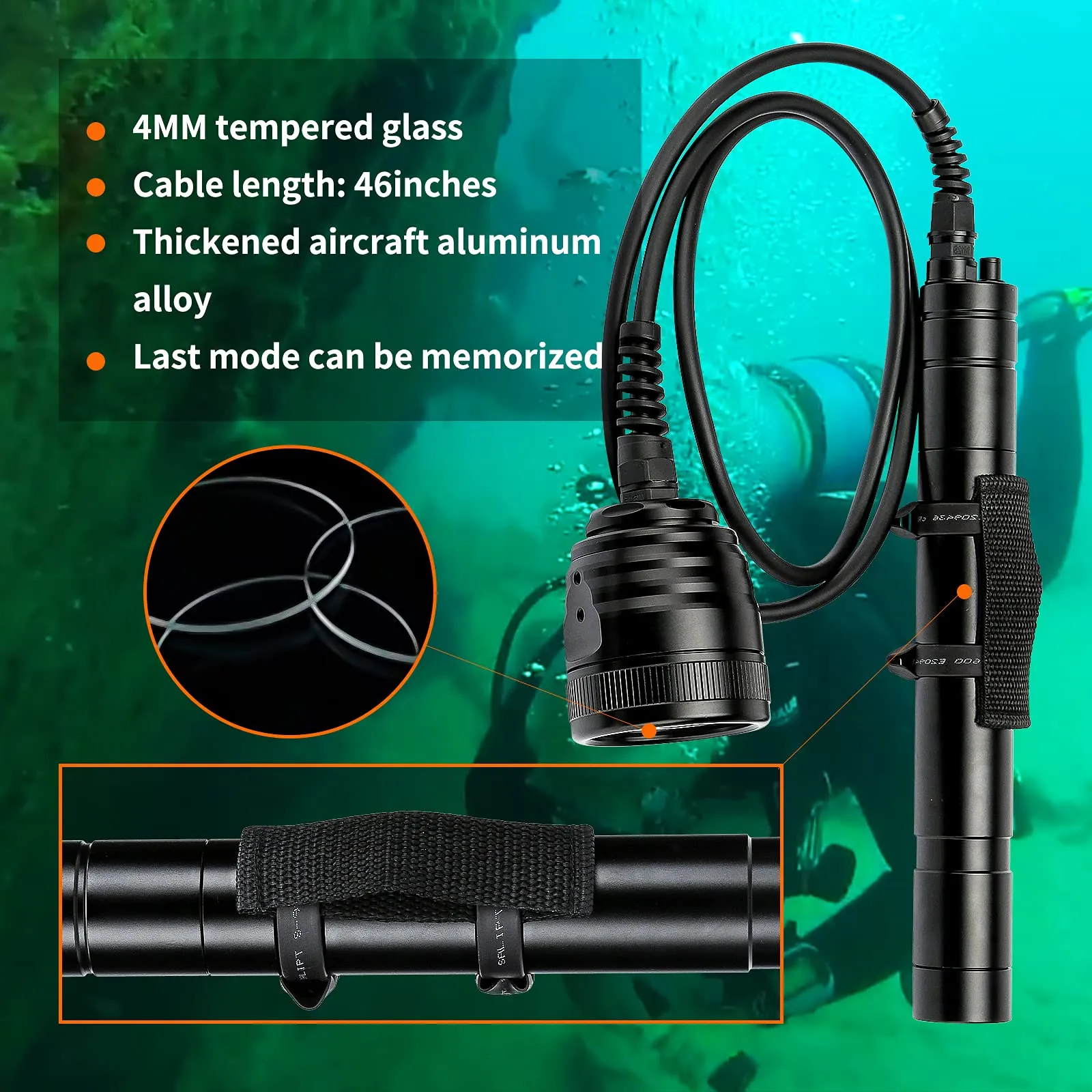 Odepro WD70 3000 Lumens Canister Dive Light Technical Diving Flashlight Kit with Adjustable Goodman Handle, 5 Light Modes, for Underwater Cave Wreck Diving Deep Sea Diving