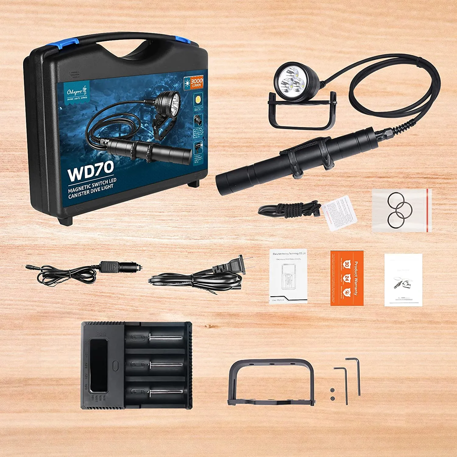 Odepro WD70 3000 Lumens Canister Dive Light Technical Diving Flashlight Kit with Adjustable Goodman Handle, 5 Light Modes, for Underwater Cave Wreck Diving Deep Sea Diving