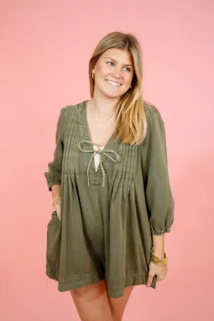 Olive Denim Pleated Romper