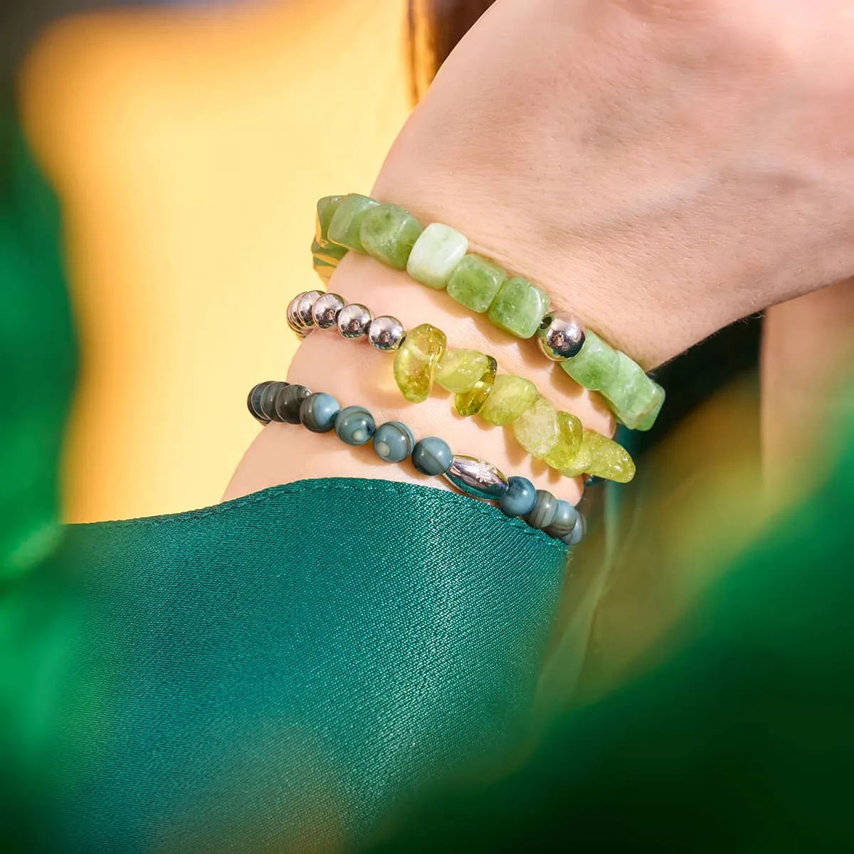 Olive Quartz | Silver | Gemstone Pebble Bracelet