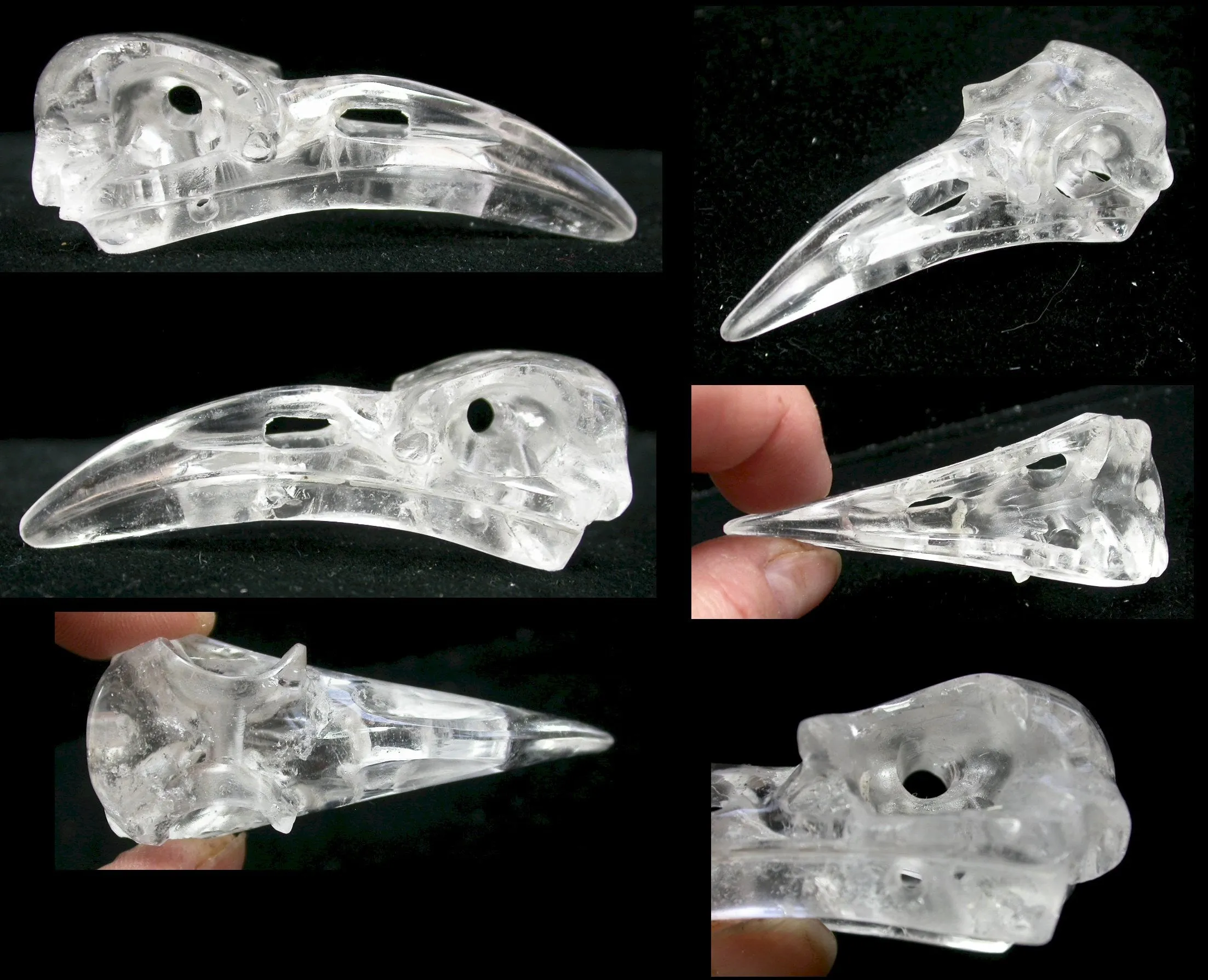 ONE Quartz Crystal RAVEN / BIRD Crystal Skull - Amazing details! Drilled to string for necklace!