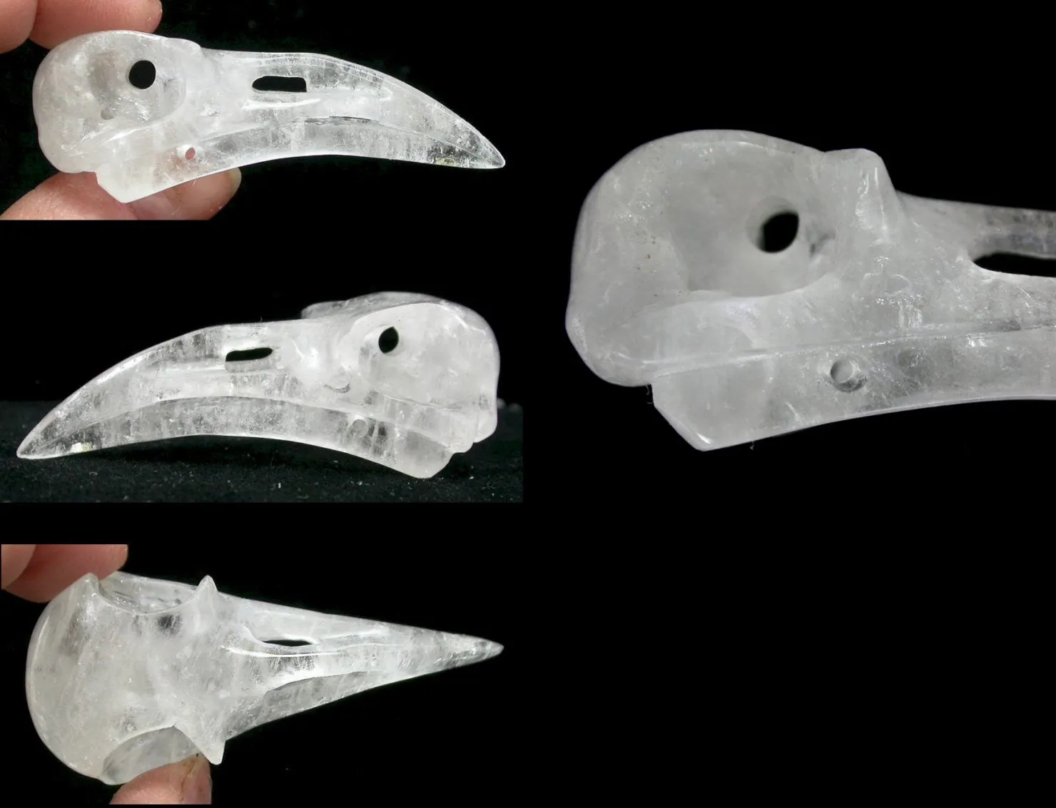ONE Quartz Crystal RAVEN / BIRD Crystal Skull - Amazing details! Drilled to string for necklace!