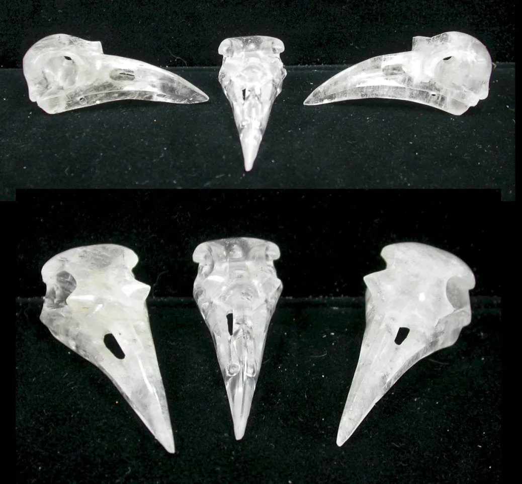 ONE Quartz Crystal RAVEN / BIRD Crystal Skull - Amazing details! Drilled to string for necklace!