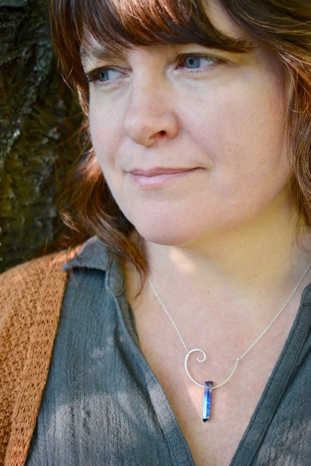 Open Fibonacci Spiral Necklace with Raw Cobalt Aura Crystals & Sterling Silver