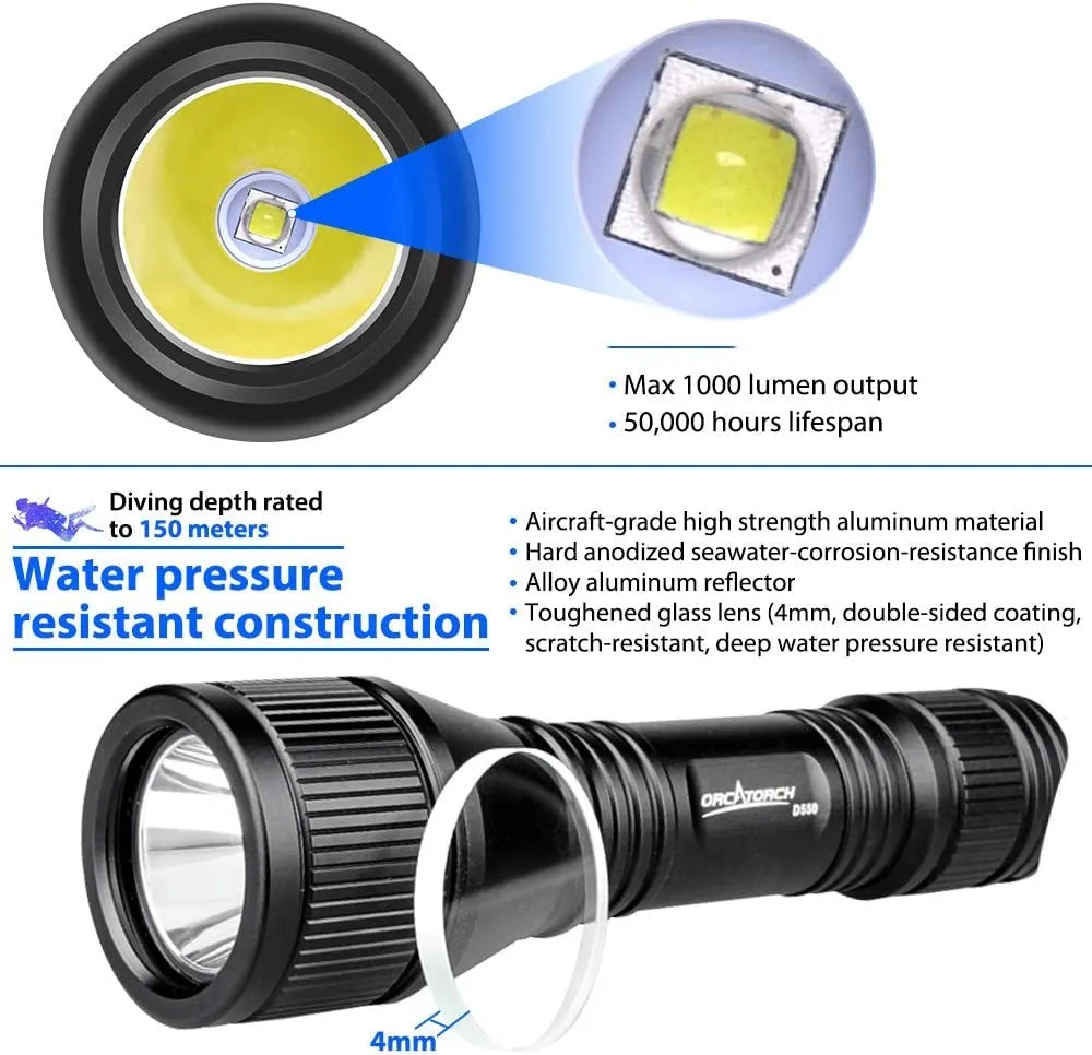 ORCATORCH D550 Scuba Dive Light, 1000 Lumens Super Bright Underwater Diving Flashlight with 3 Modes, IP68 Waterproof Night Dive Torch 150 Meters Submersible Light