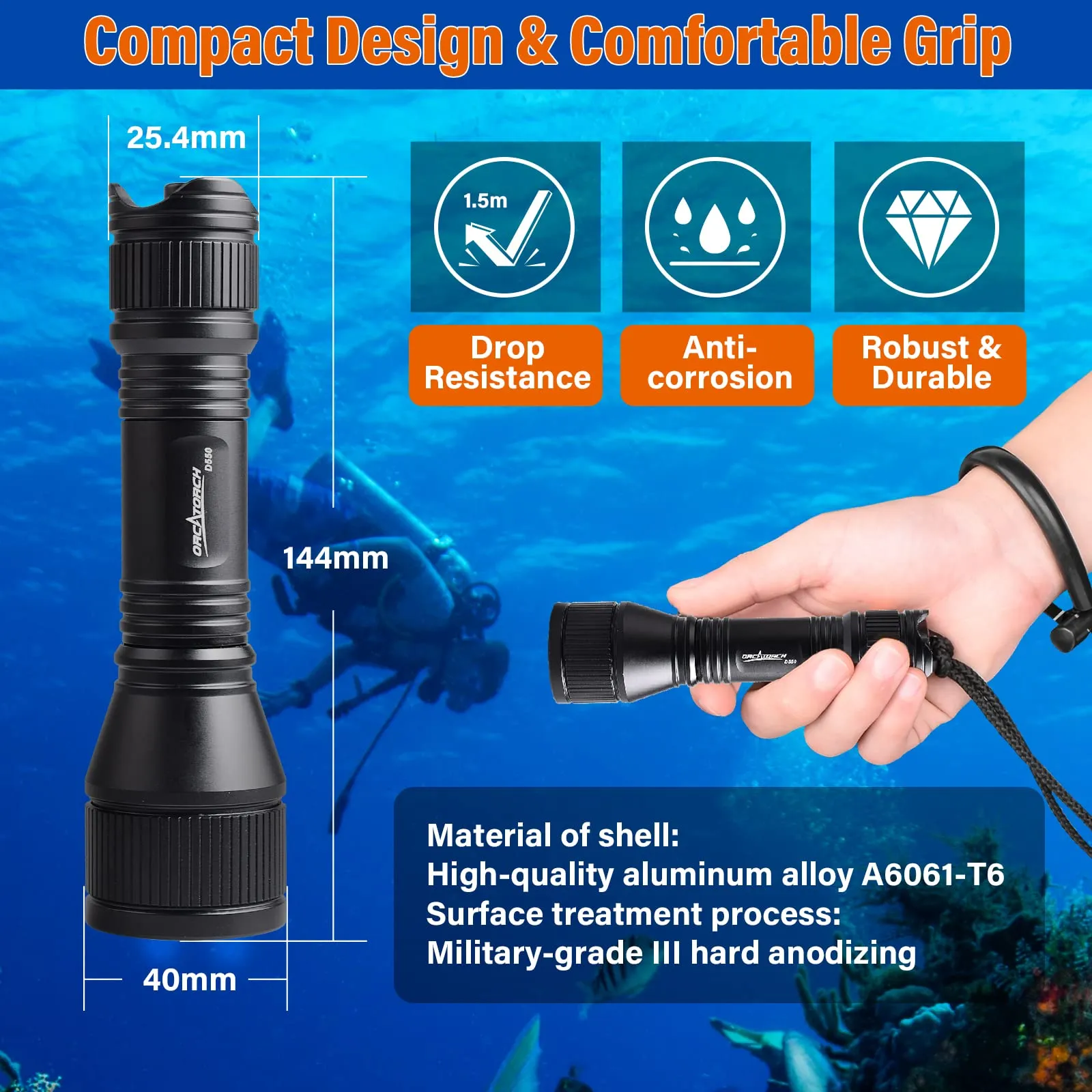 ORCATORCH D550 Scuba Dive Light, 1000 Lumens Super Bright Underwater Diving Flashlight with 3 Modes, IP68 Waterproof Night Dive Torch 150 Meters Submersible Light
