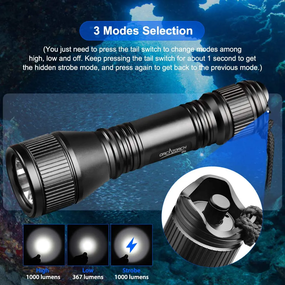 ORCATORCH D550 Scuba Dive Light, 1000 Lumens Super Bright Underwater Diving Flashlight with 3 Modes, IP68 Waterproof Night Dive Torch 150 Meters Submersible Light