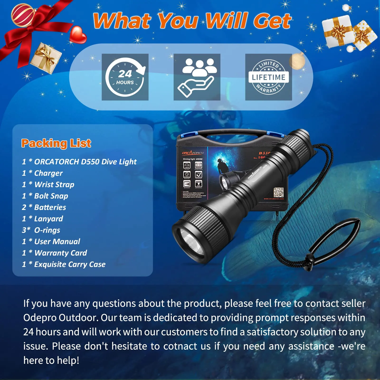 ORCATORCH D550 Scuba Dive Light, 1000 Lumens Super Bright Underwater Diving Flashlight with 3 Modes, IP68 Waterproof Night Dive Torch 150 Meters Submersible Light