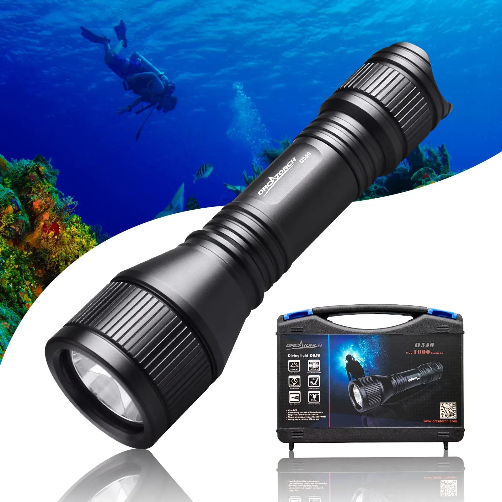 ORCATORCH D550 Scuba Dive Light, 1000 Lumens Super Bright Underwater Diving Flashlight with 3 Modes, IP68 Waterproof Night Dive Torch 150 Meters Submersible Light