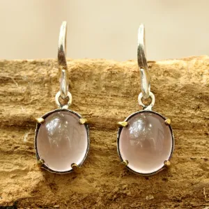 Oval cabochon Rose quartz earrings in silver bezel setting with polished brass accent prongs