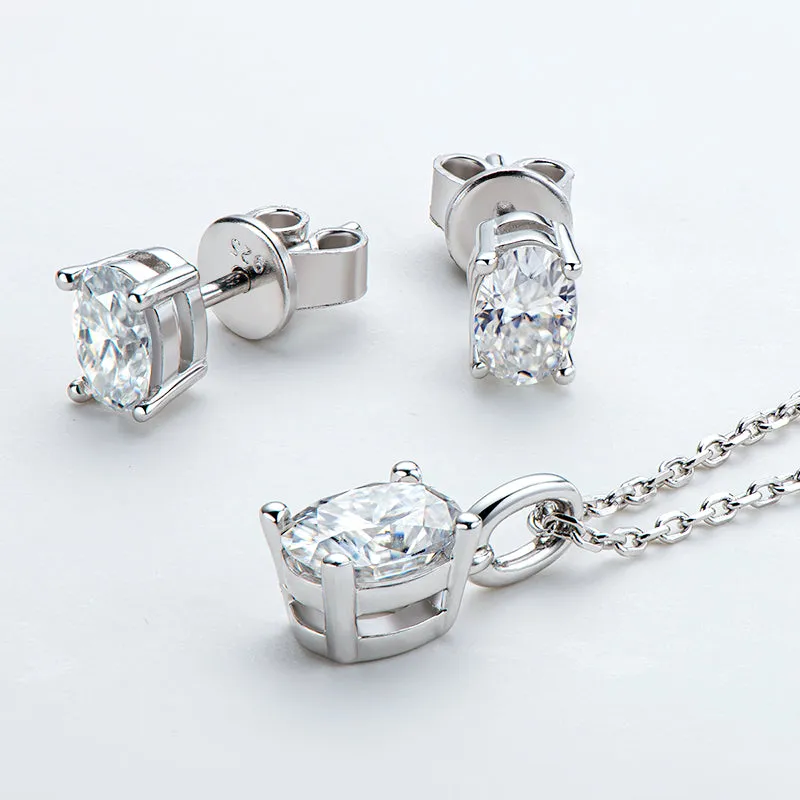 Oval Cut 1.0CTW Moissanite Stud Earrings & 1.0CT Moissanite Pendant Necklace