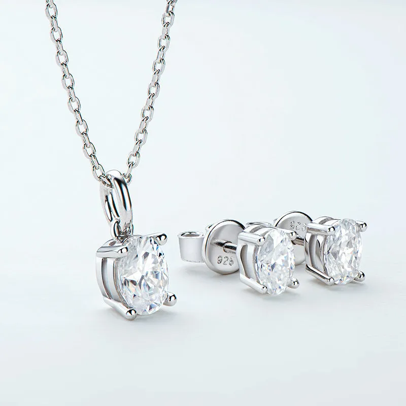 Oval Cut 1.0CTW Moissanite Stud Earrings & 1.0CT Moissanite Pendant Necklace