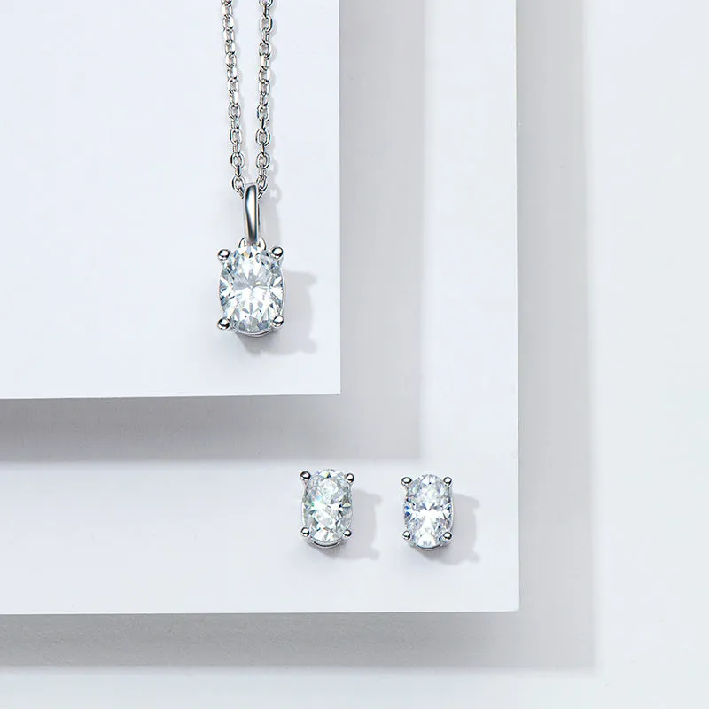 Oval Cut 1.0CTW Moissanite Stud Earrings & 1.0CT Moissanite Pendant Necklace