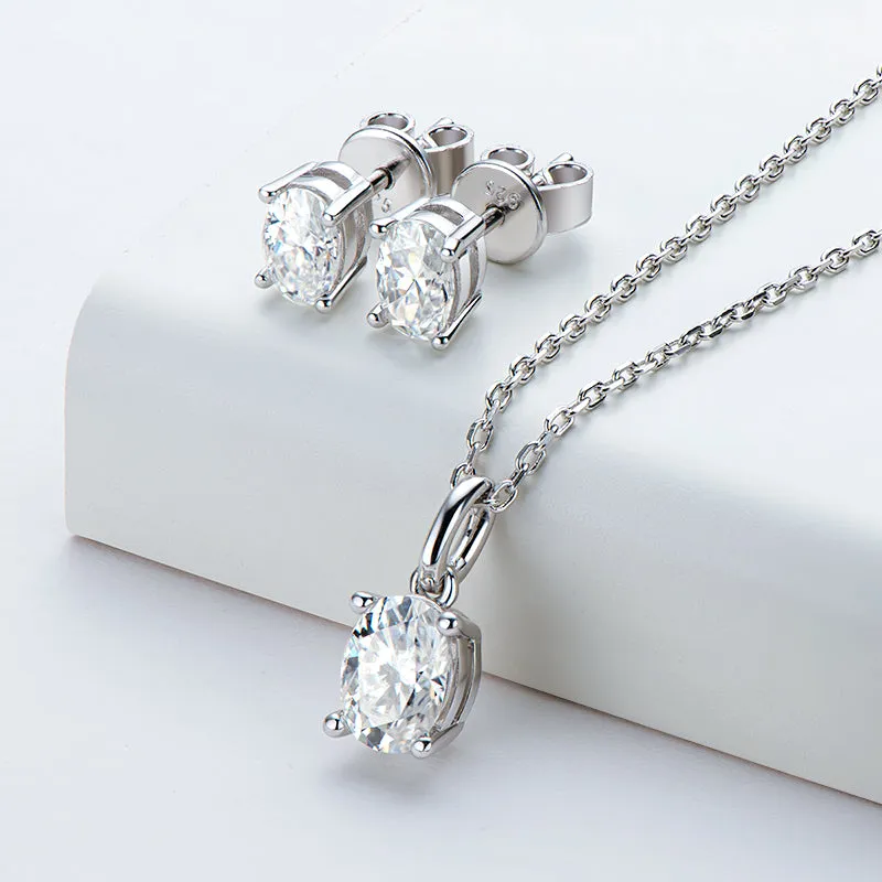 Oval Cut 1.0CTW Moissanite Stud Earrings & 1.0CT Moissanite Pendant Necklace