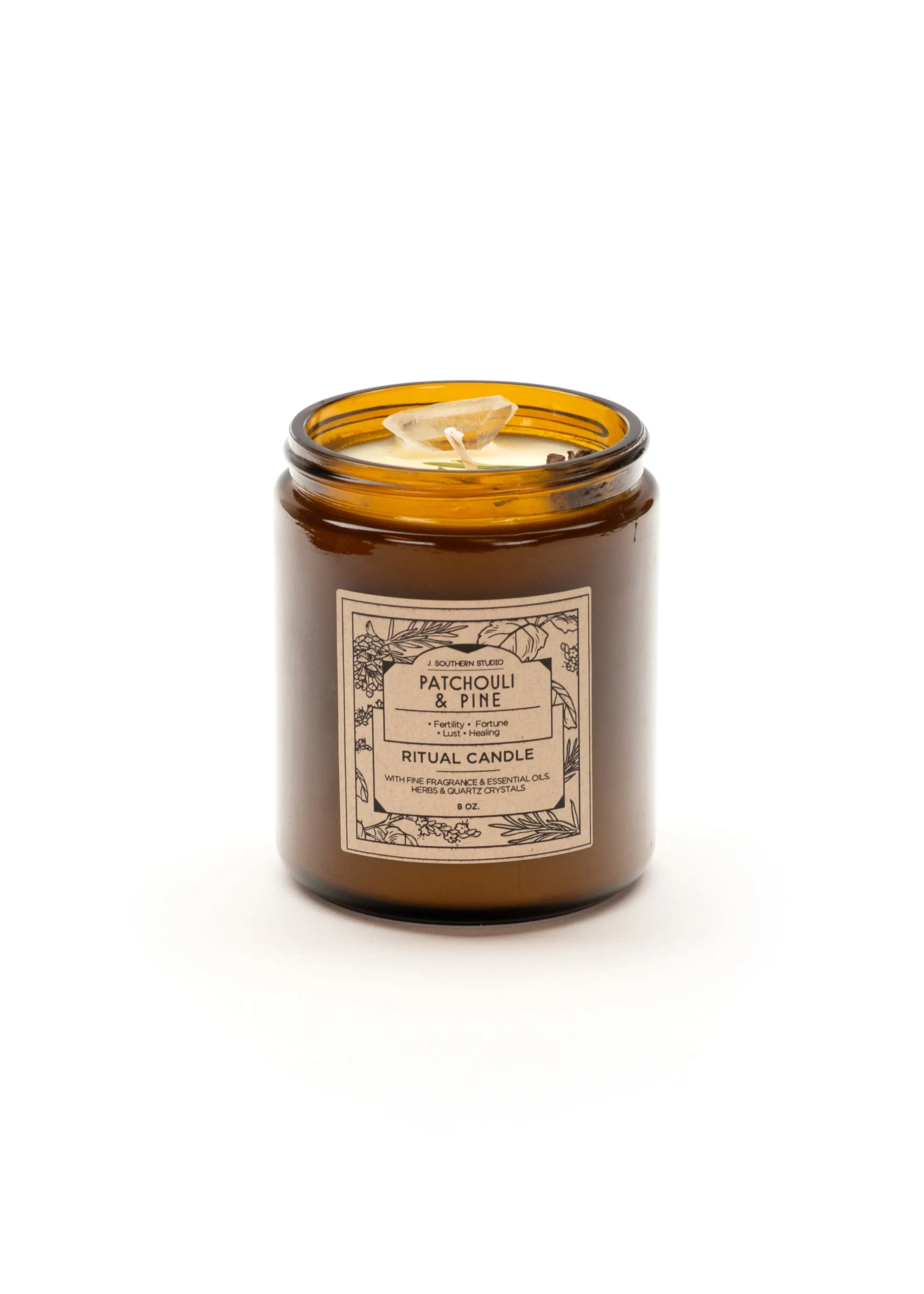 Patchouli & Pine Ritual Candle with Quartz and Herbs