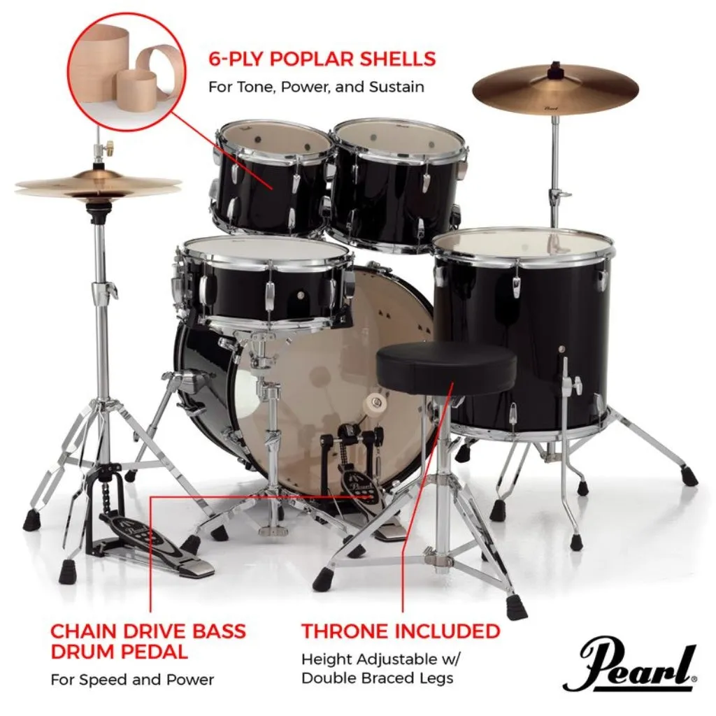 Pearl Roadshow X 22" 5-Piece Drum Kit Package with Zildjian Cymbals & Hardware - Jet Black