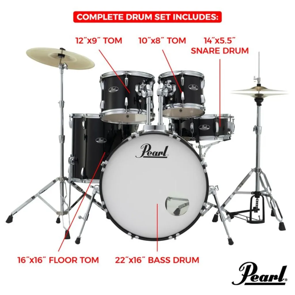 Pearl Roadshow X 22" 5-Piece Drum Kit Package with Zildjian Cymbals & Hardware - Jet Black