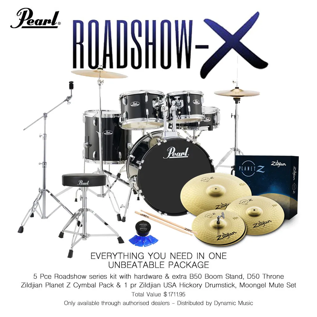 Pearl Roadshow X 22" 5-Piece Drum Kit Package with Zildjian Cymbals & Hardware - Jet Black