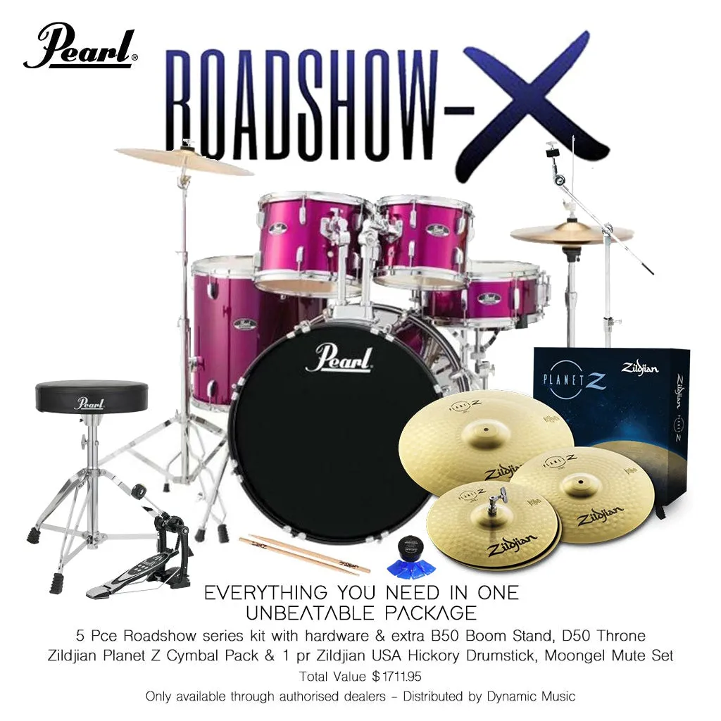 Pearl Roadshow X 22" 5-Piece Drum Kit Package with Zildjian Cymbals & Hardware - Pink Metallic