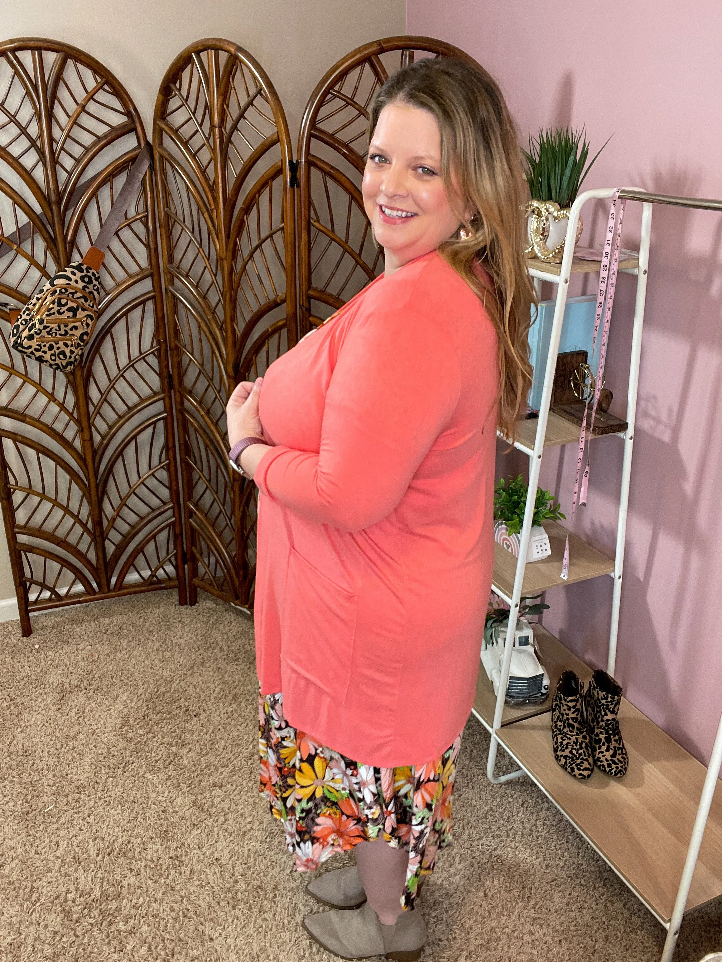 Perfect Layer 3/4 Sleeve Pocket Cardigan - Deep Coral