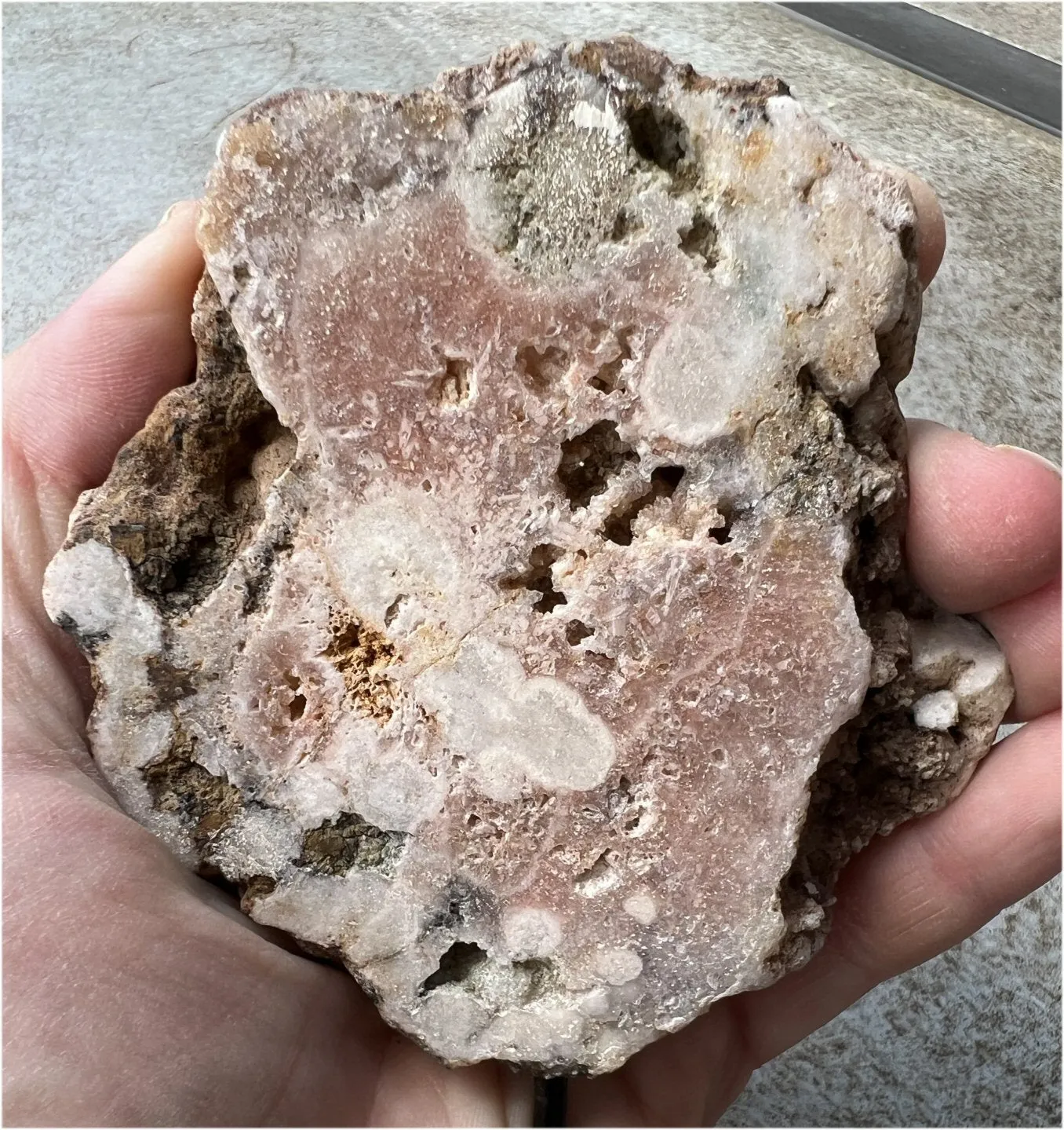 Pink Amethyst Slab with Vugs, Metal Stand - Heart Chakra, Relieve stress
