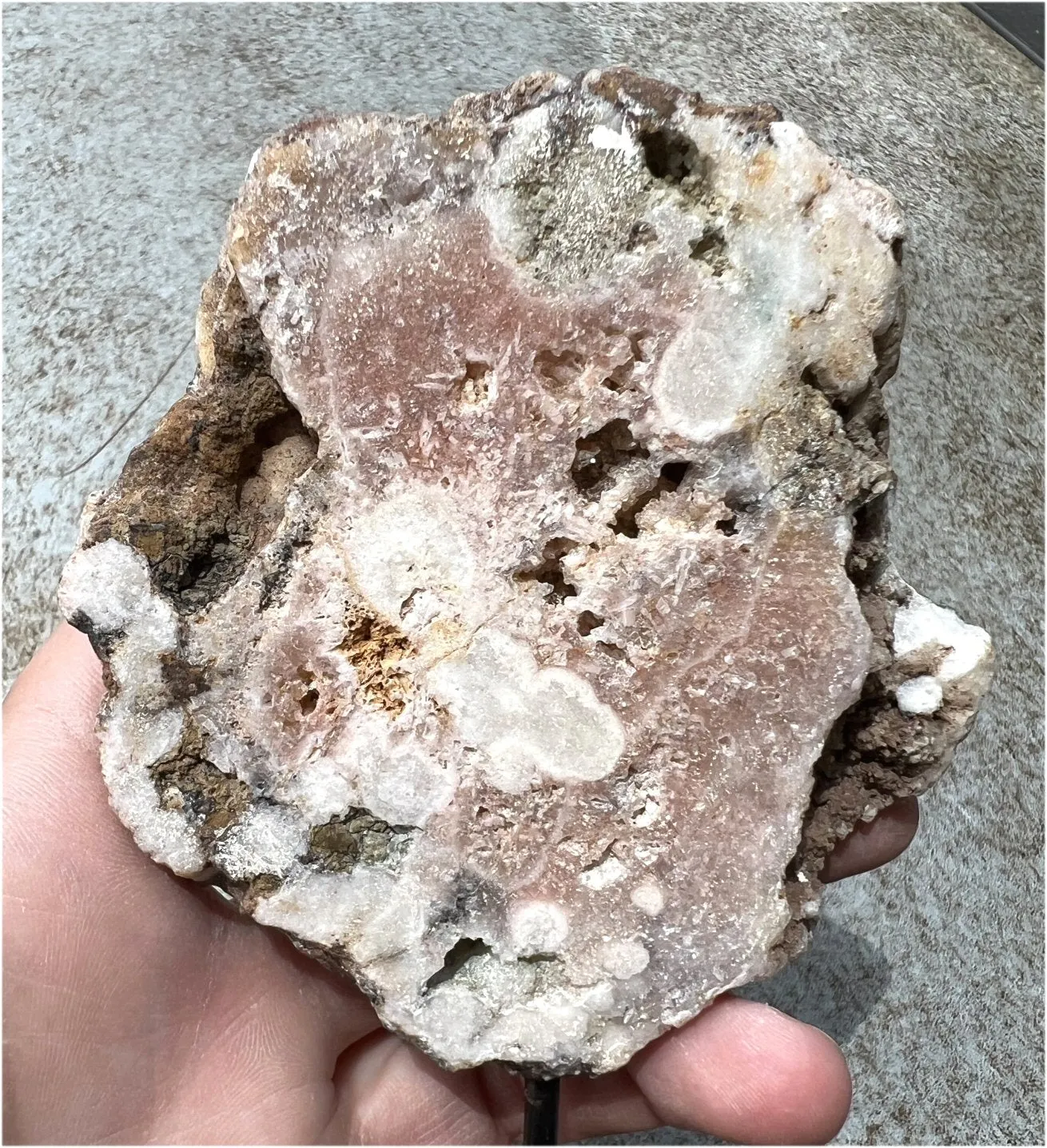 Pink Amethyst Slab with Vugs, Metal Stand - Heart Chakra, Relieve stress