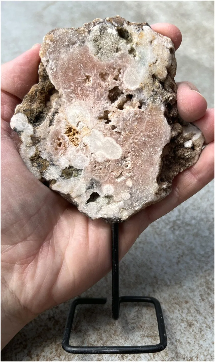 Pink Amethyst Slab with Vugs, Metal Stand - Heart Chakra, Relieve stress