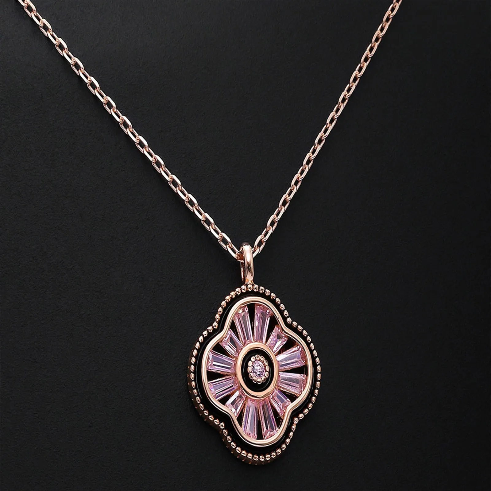 Pink Clover Pendant Necklace for Women – 925 Sterling Silver Rose Gold Plated