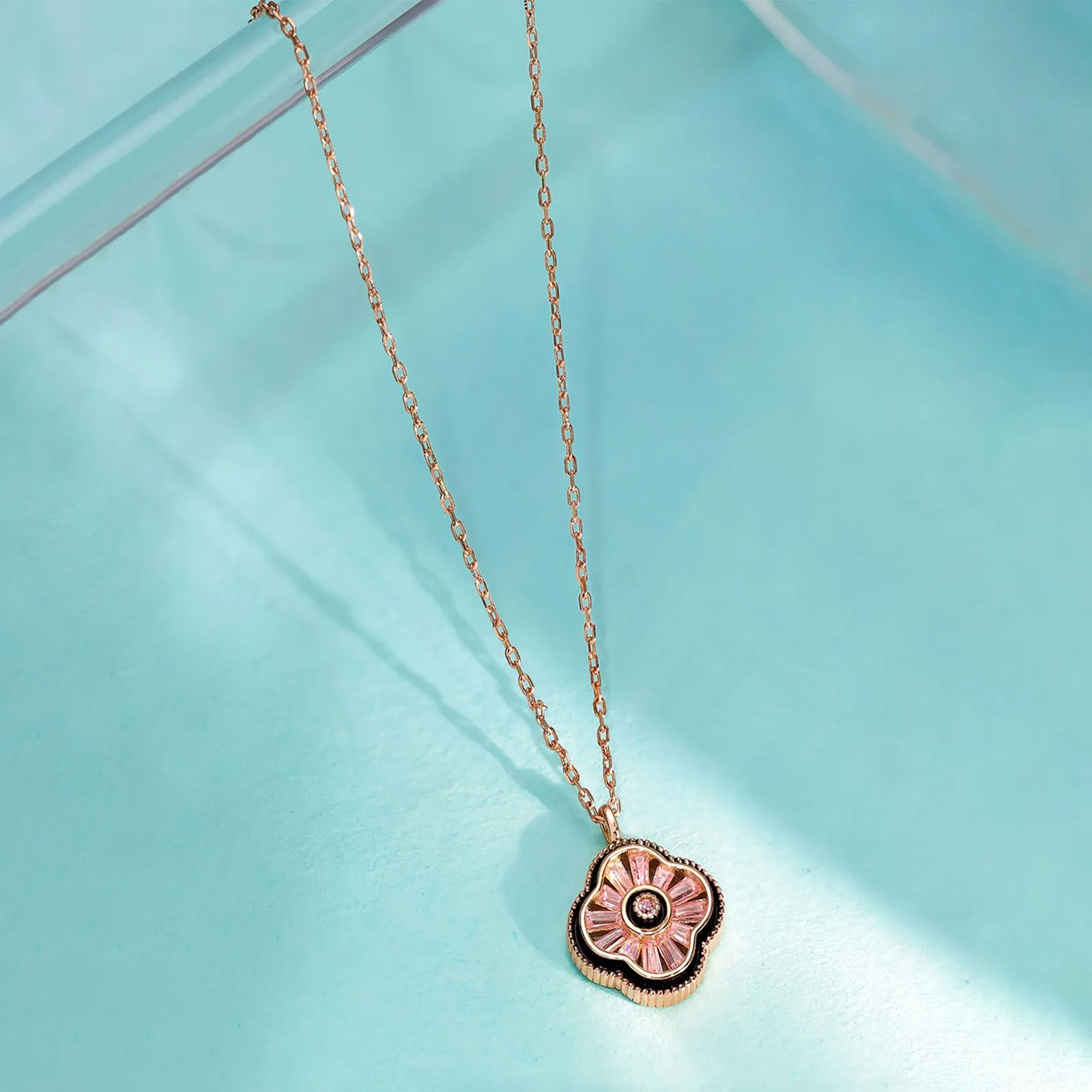 Pink Clover Pendant Necklace for Women – 925 Sterling Silver Rose Gold Plated