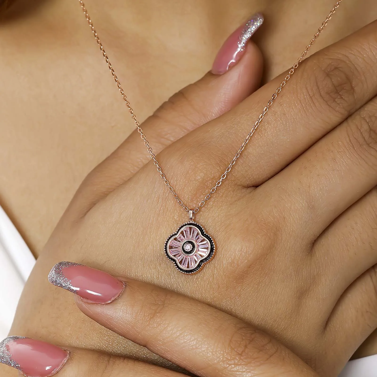 Pink Clover Pendant Necklace for Women – 925 Sterling Silver Rose Gold Plated