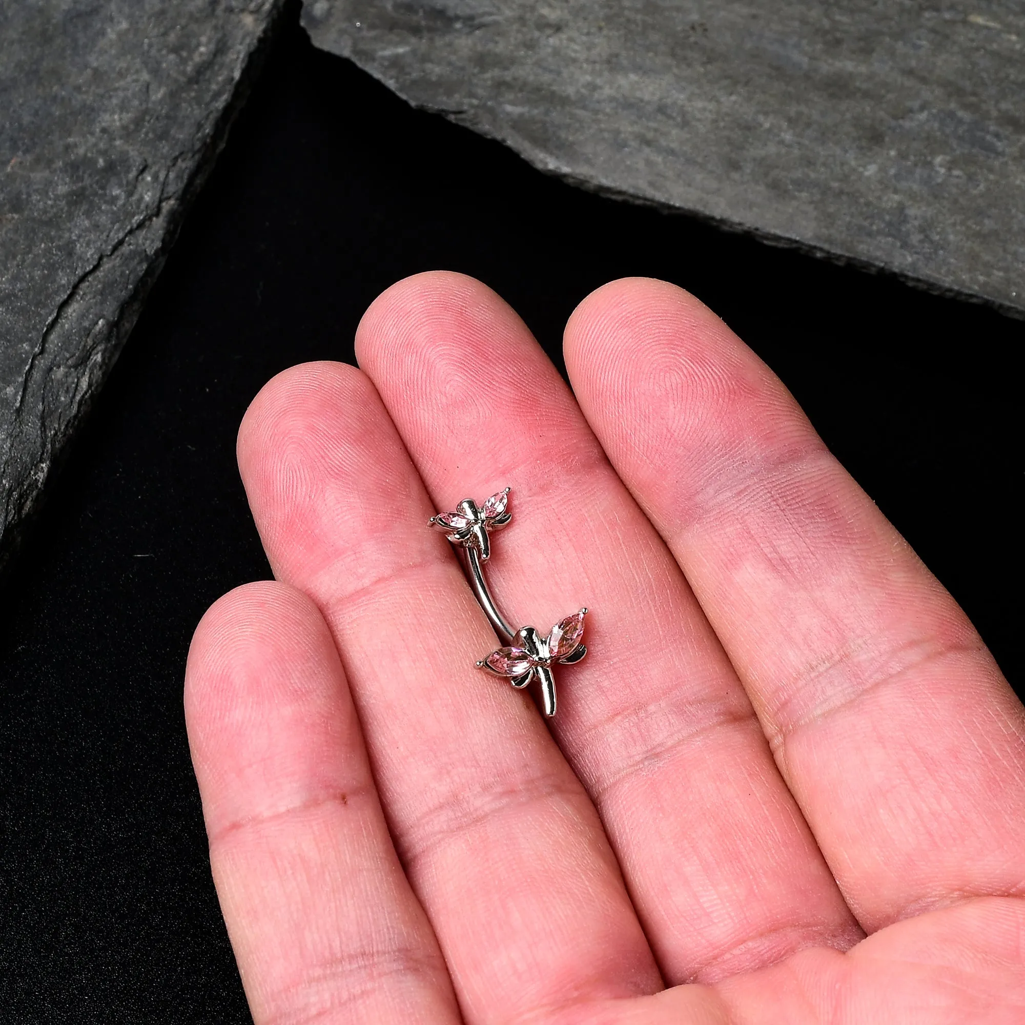 Pink Gem Simple Stylized Dragonfly Double Mount Belly Ring