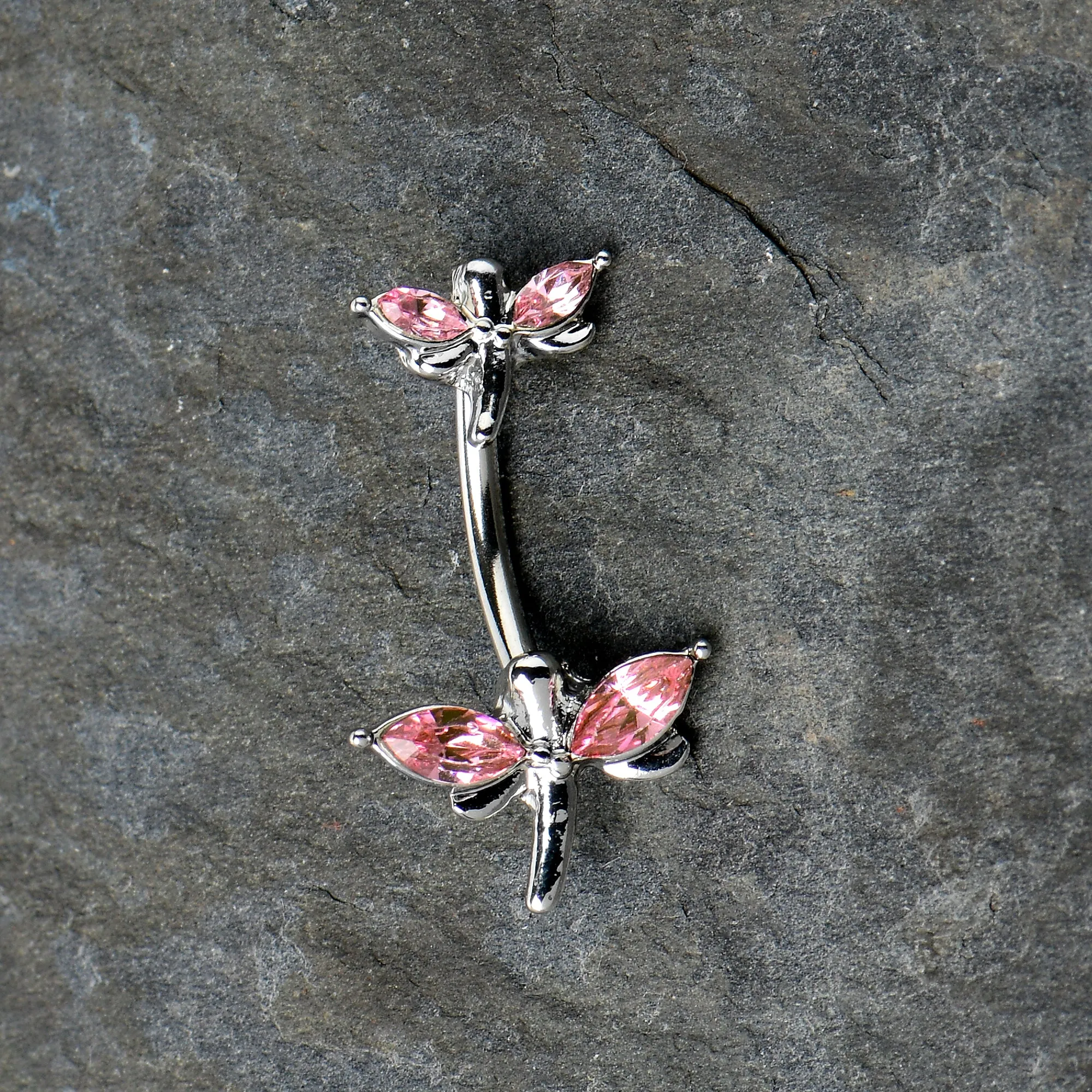 Pink Gem Simple Stylized Dragonfly Double Mount Belly Ring