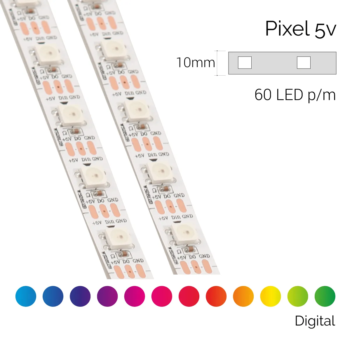Pixel LED Strip | IP20 | 5v | 10mm | Cut every 16.5mm | 60LEDs p/m | 14.4w p/m | p/metre & reel