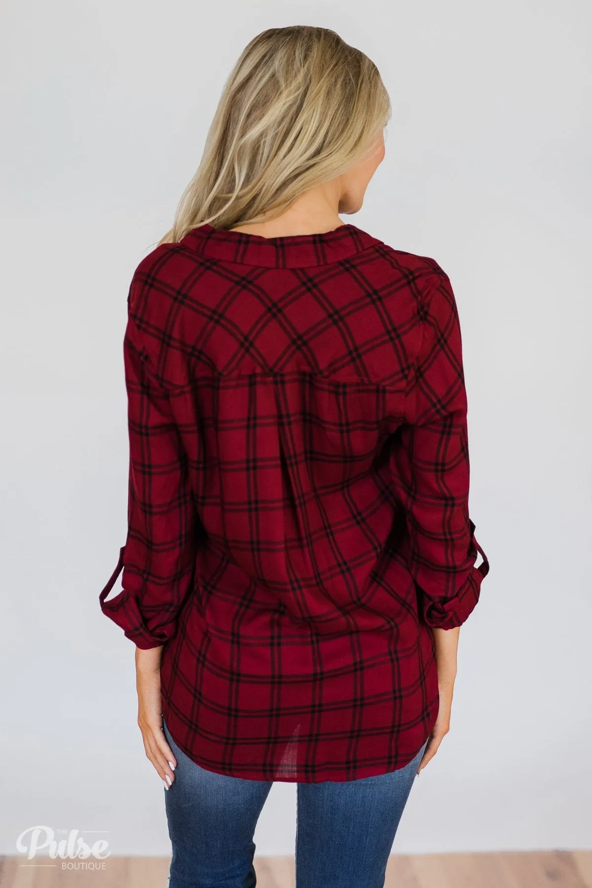 Plaid Button Up Pocket Top- Deep Red & Black