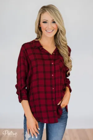 Plaid Button Up Pocket Top- Deep Red & Black