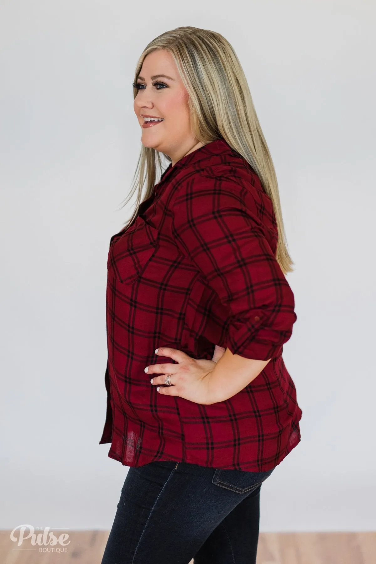 Plaid Button Up Pocket Top- Deep Red & Black