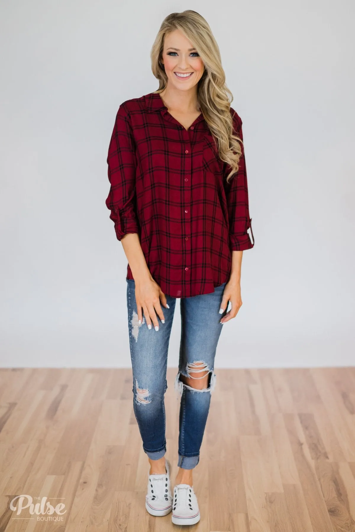 Plaid Button Up Pocket Top- Deep Red & Black