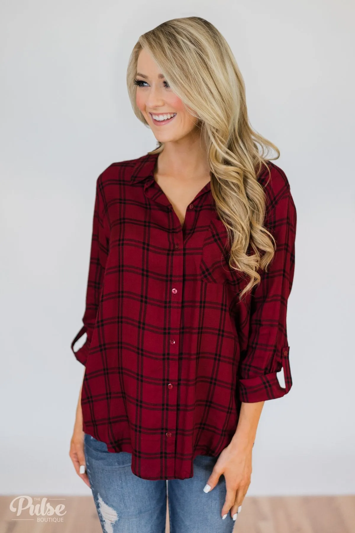 Plaid Button Up Pocket Top- Deep Red & Black