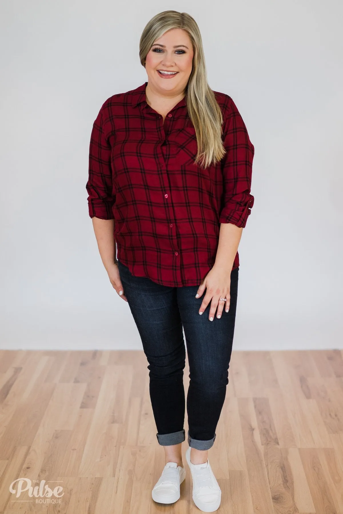 Plaid Button Up Pocket Top- Deep Red & Black