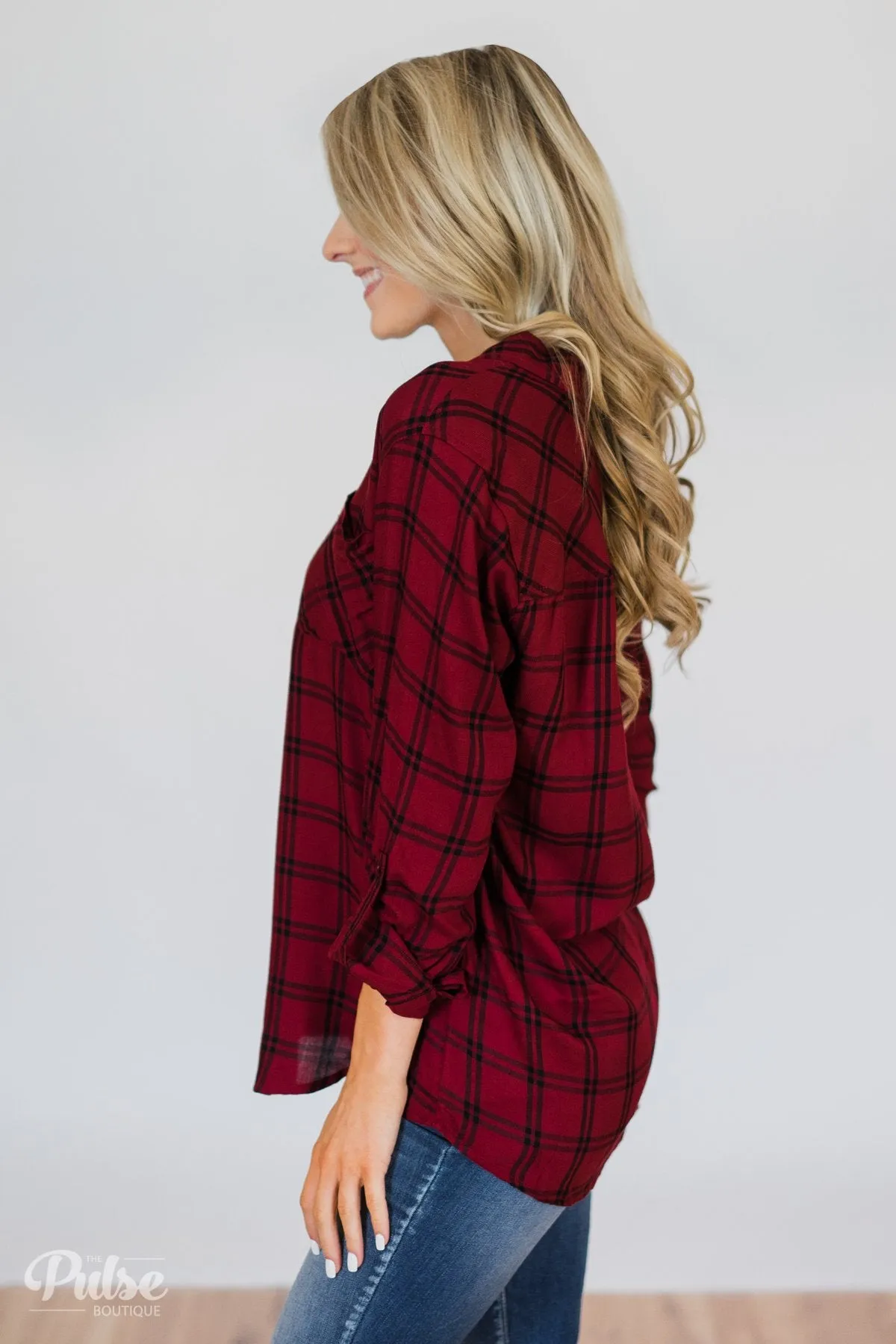 Plaid Button Up Pocket Top- Deep Red & Black