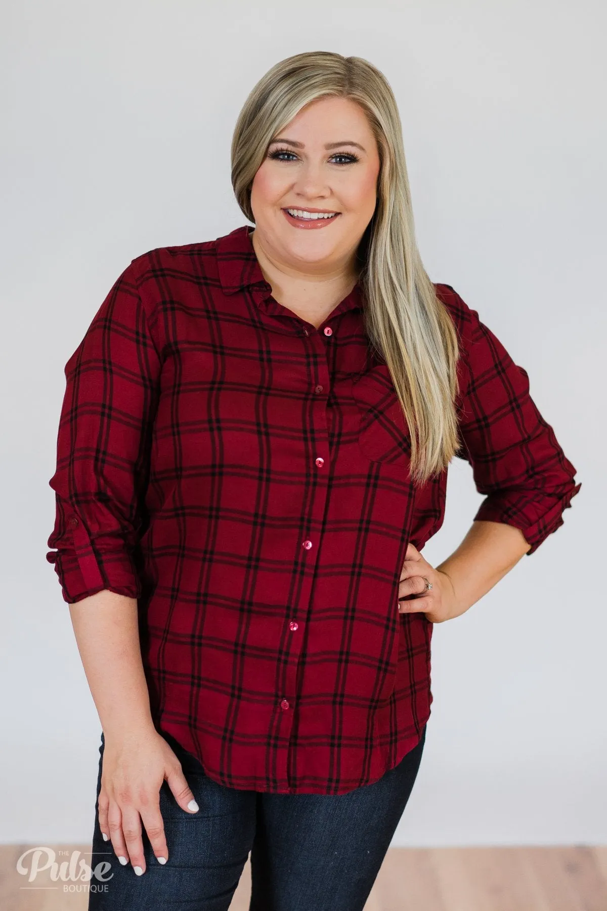 Plaid Button Up Pocket Top- Deep Red & Black
