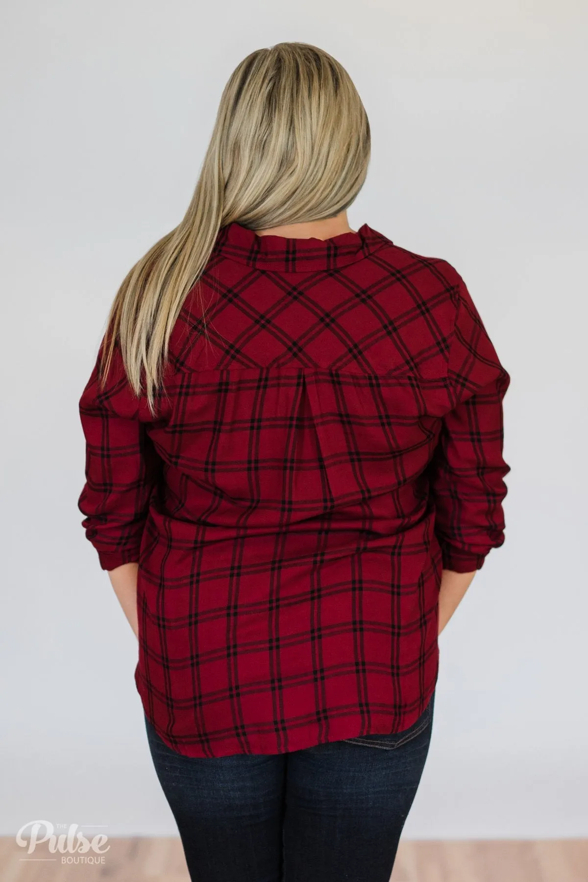 Plaid Button Up Pocket Top- Deep Red & Black