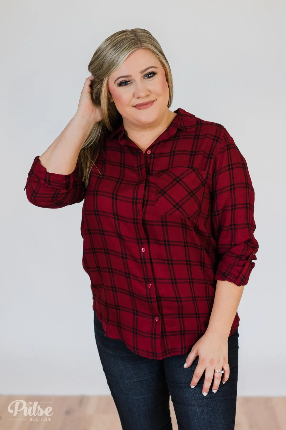 Plaid Button Up Pocket Top- Deep Red & Black