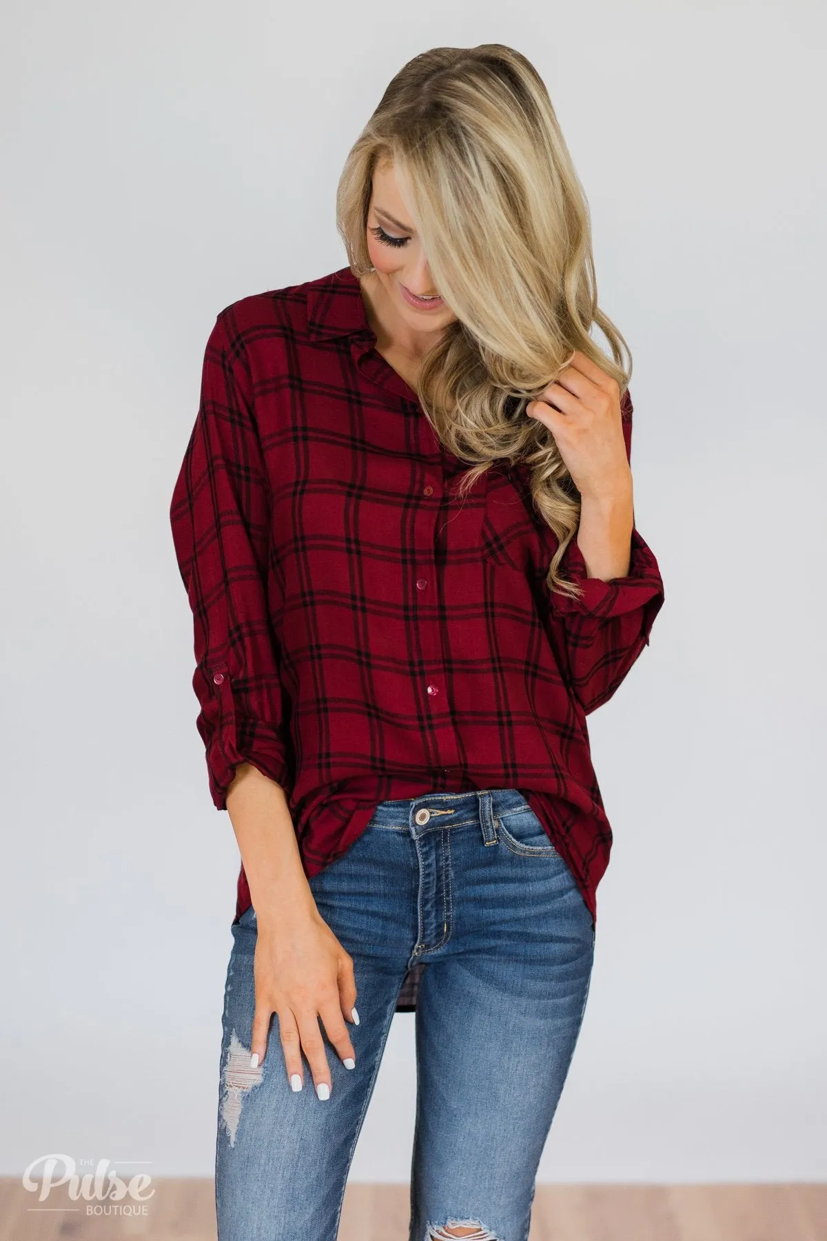 Plaid Button Up Pocket Top- Deep Red & Black