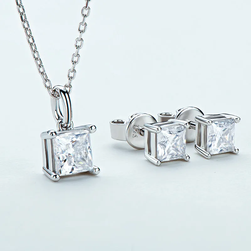 Princess Cut Moissanite Stud Earrings & Pendant Necklace