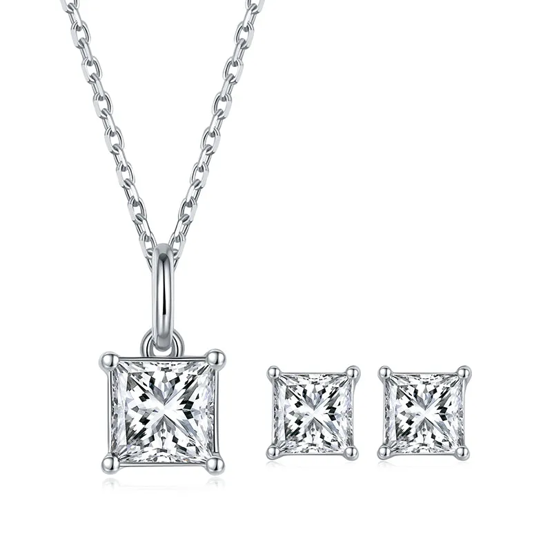 Princess Cut Moissanite Stud Earrings & Pendant Necklace