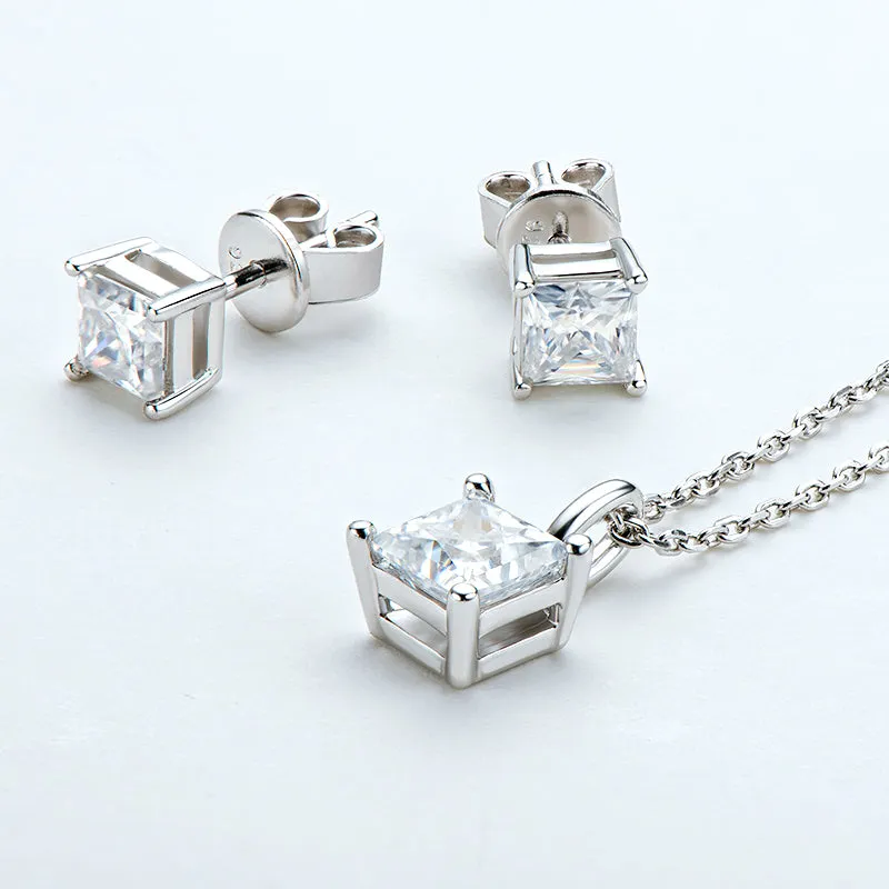 Princess Cut Moissanite Stud Earrings & Pendant Necklace