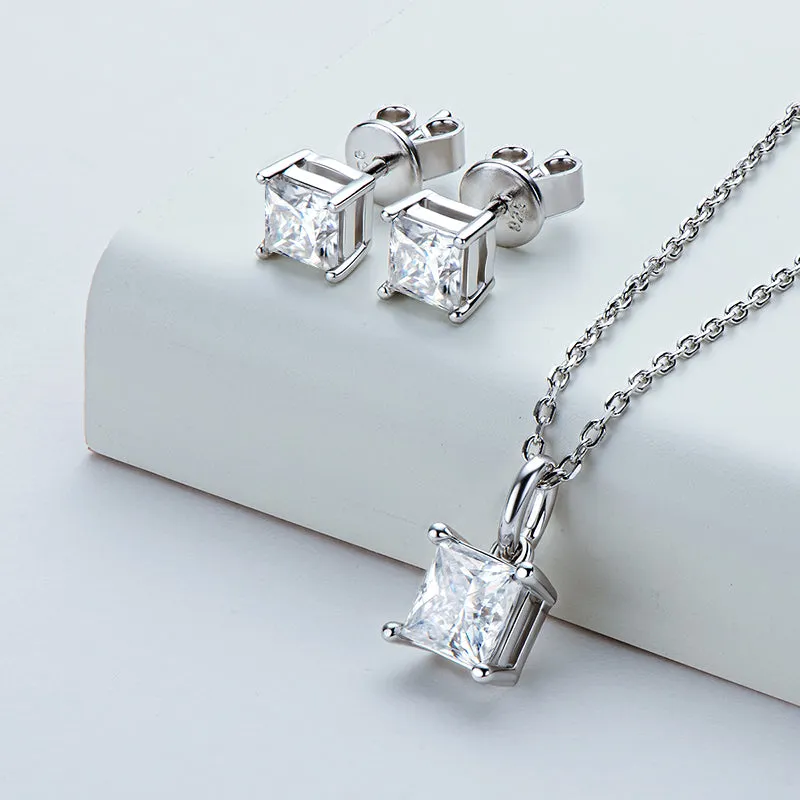 Princess Cut Moissanite Stud Earrings & Pendant Necklace