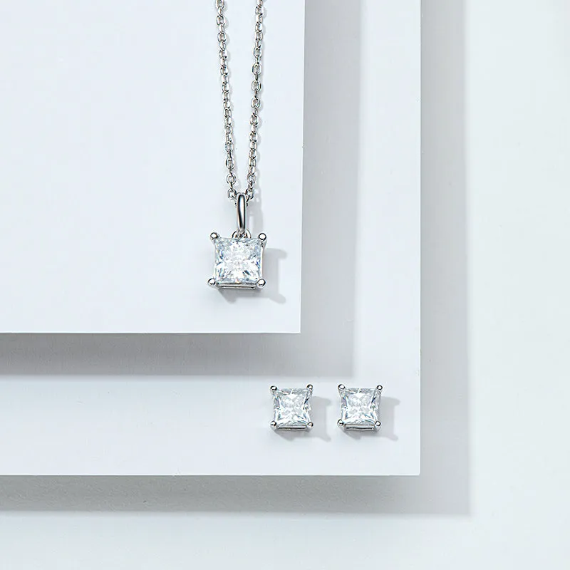 Princess Cut Moissanite Stud Earrings & Pendant Necklace