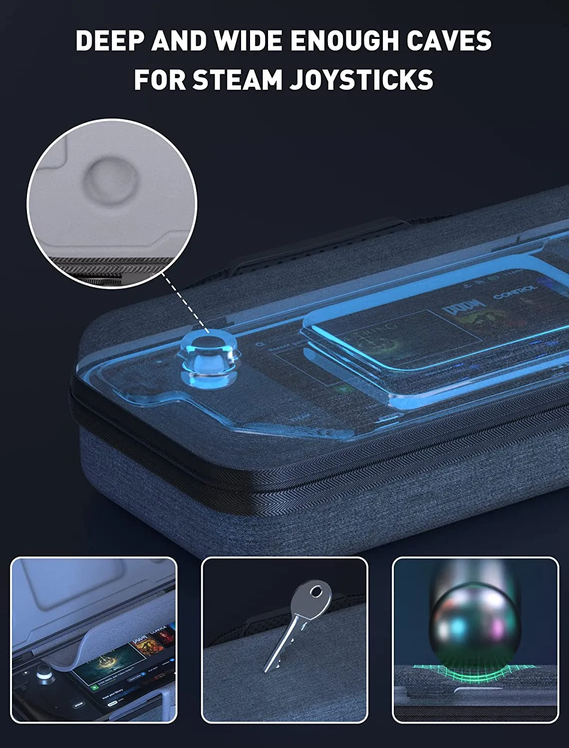 Protective Hard Shell Carrying Case for Steam Deck Console - Grey/ Black, With Pockets for Steam Deck AC Charger & Other Accessories – includes Built-in Stand - By PONKOR
